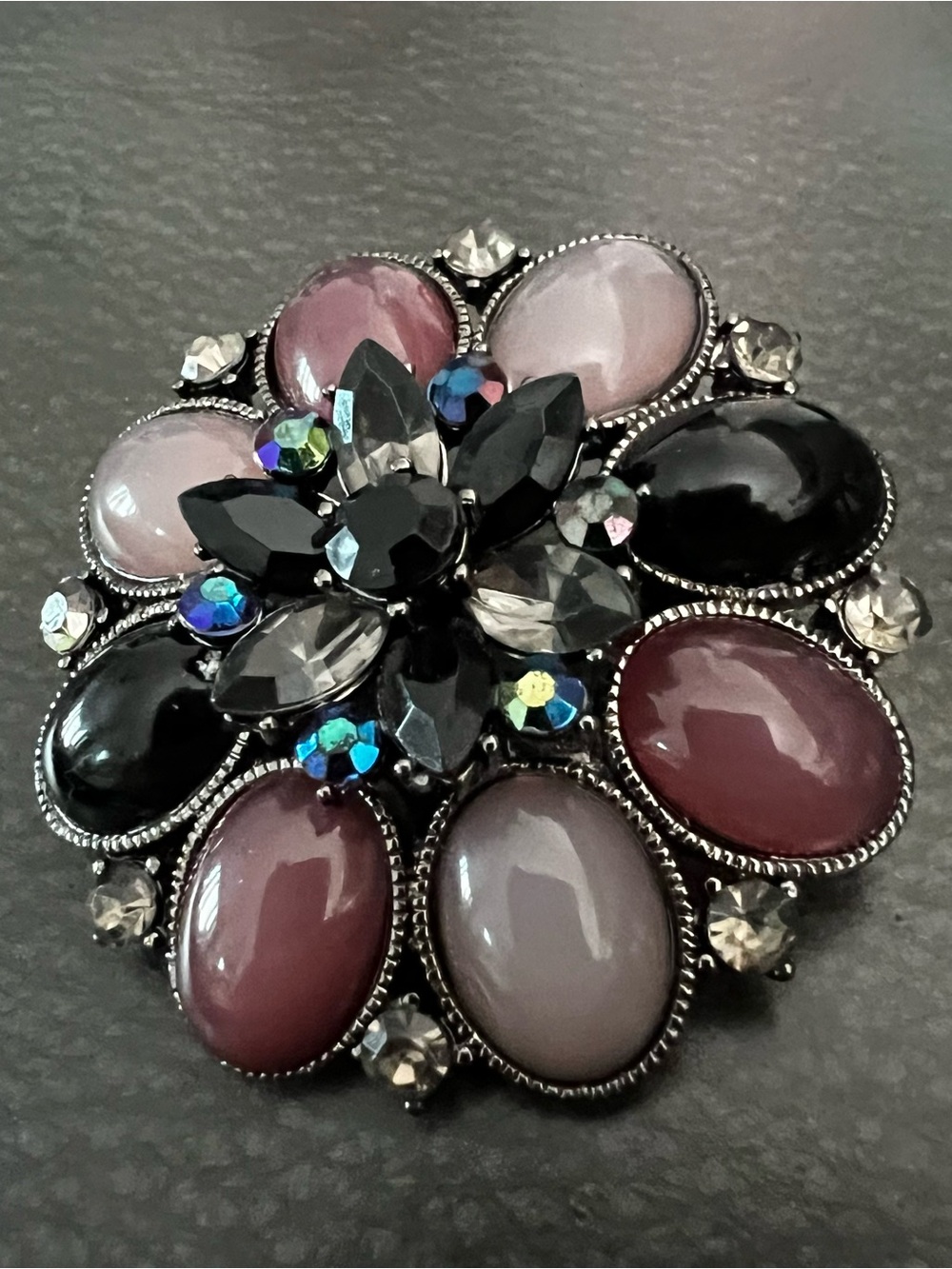Vintage-Inspired Multi-Stone Floral Brooch — Black and Mauve or pendant.